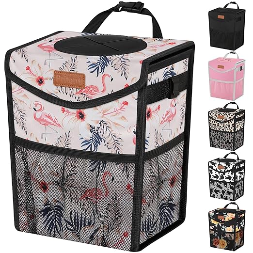 Car Trash Can with Lid, Cute Leakproof Car Trash Garbage Bag Hanging Vehicle Trash Bin Small Portable Automotive Garbage Cans Organizer for Back/Front Seat(Trapezoid,Flamingo Print