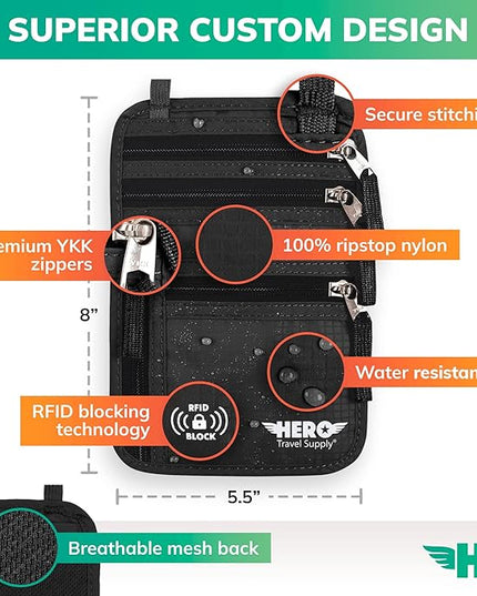 HERO Neck Wallet, RFID Blocking Passport Holder - Easy to Conceal and Pouch