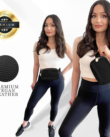 Leather Belt Bag for Women – Black Leather Fanny Pack Crossbody, Everyday Belt Bag, Waist Pack, Women’s Fanny Pack, Crossbody Fanny Packs for Women, Large Black Bag