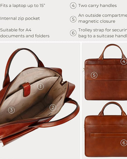 Time Resistance Leather Briefcase - Italian Handmade Leather Laptop Bag - Handbag for Men - Professional Computer Case