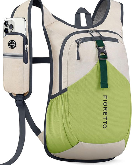 FIORETTO 15L Hiking Backpack for Women Men Mini Packable Backpack Lightweight Small Daypack for Camping Travel Outdoor, Beige and Green