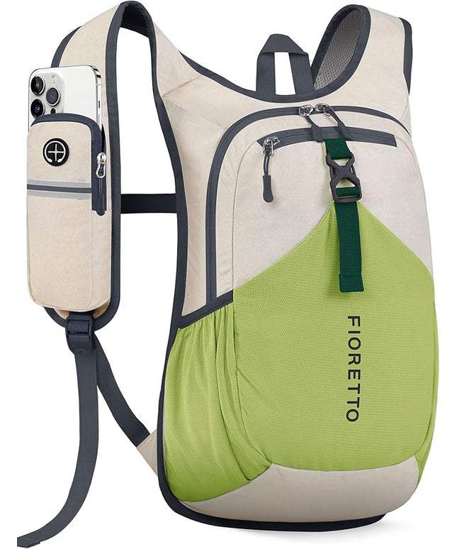 FIORETTO 15L Hiking Backpack for Women Men Mini Packable Backpack Lightweight Small Daypack for Camping Travel Outdoor, Beige and Green