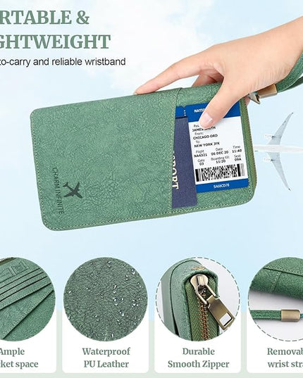 Family Passport Holder Wallet with Zipper, RFID Blocking Travel Document Organizer for Women Men, Travel Essentials Gift, Can be Worn Crossbody (Green)
