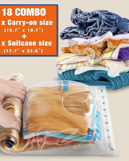 18 Compression Bags for Travel Essentials, Vacuum Packing Space Saver Bags for Cruise Accessories (18-Travel)