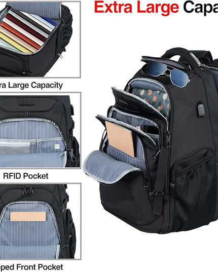 KROSER Travel Laptop Backpack 18.4 Inch XXXL Gaming Backpack with Hard Shell Saferoom RFID Pockets Water-Repellent Business College Daypack Stylish Laptop Bag for Men/Women-Black