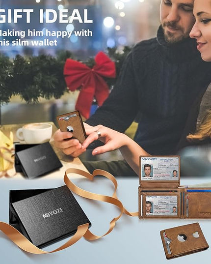 miyozi Airtag Wallet for Men,with Cash Pocket 2 ID Window 13 Cards,Slim Leather Wallet Front Pocket Card Holder RFID Blocking with Gift Box