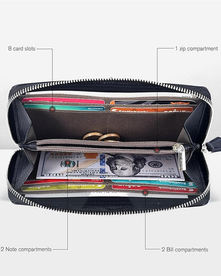 Oak Leathers Blue Leather Wallet for Women - RFID Womens Wallet Clutch with 8 Credit Card Holder, Coin Pocket, Gift for Women’s