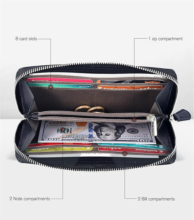 Oak Leathers Blue Leather Wallet for Women - RFID Womens Wallet Clutch with 8 Credit Card Holder, Coin Pocket, Gift for Women’s