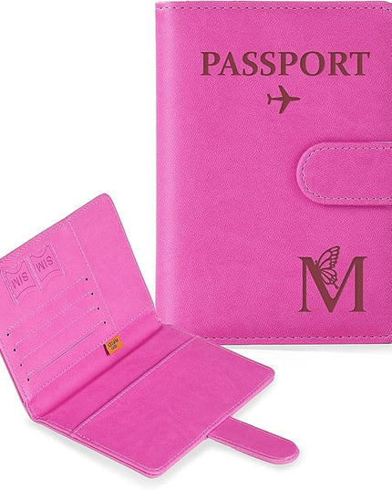 COSHAYSOO Initial RFID Passport Holder for Travel Women Passports Cover Case, Air Essentials Airplane Flight Accessories Airline Plane Flying Must Haves Butterfly Letter Hot Pink M