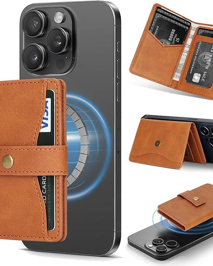 Ultra-Thin Magnetic Wallet Card Holder for iPhone and All MagSafe Protective Cases，Premium PU leather, powerful magnetic closure, stand function, 6 card slots (brown)
