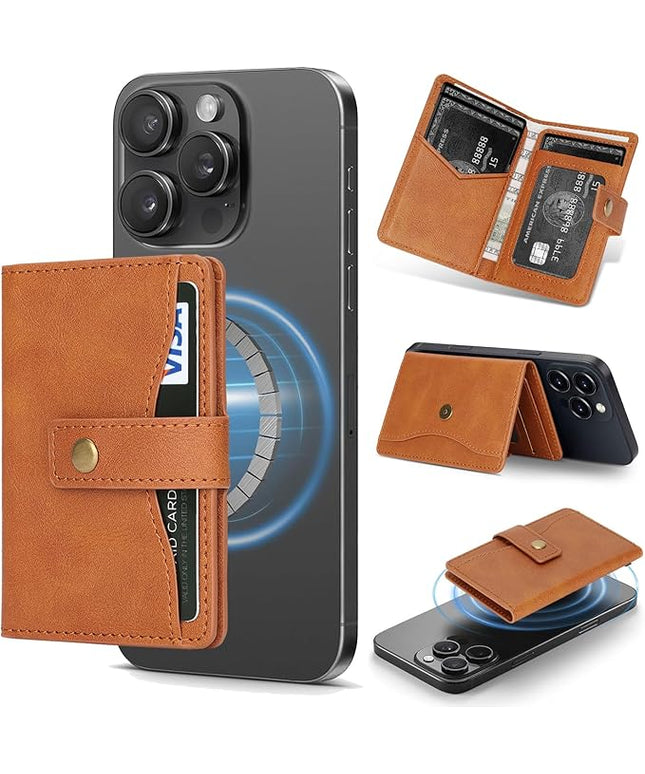 Ultra-Thin Magnetic Wallet Card Holder for iPhone and All MagSafe Protective Cases，Premium PU leather, powerful magnetic closure, stand function, 6 card slots (brown)