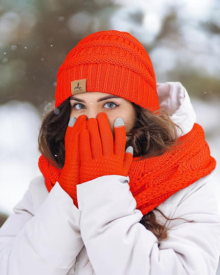 Winter Beanie Hat Scarf Gloves, Warm Fleece Knit Hats Touch Screen Gloves Neck Scarf Set Winter Gifts for Unisex Adult