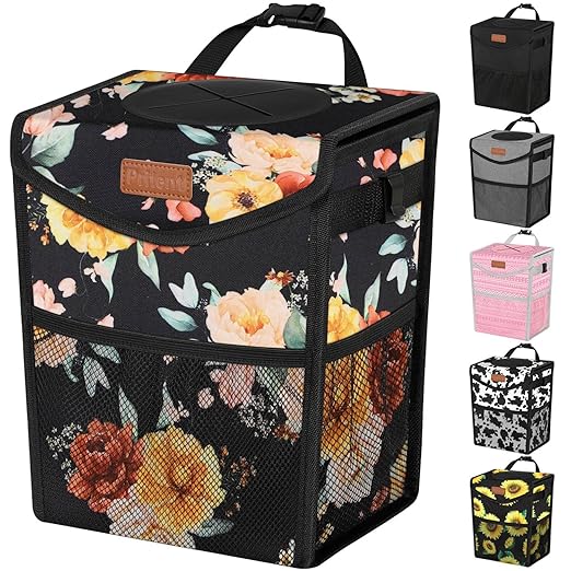 Car Trash Can with Lid, Cute Leakproof Car Trash Garbage Bag Hanging Vehicle Trash Bin Small Portable Automotive Garbage Cans Organizer for Back/Front Seat/Console(2.8 Gallons,Rose)