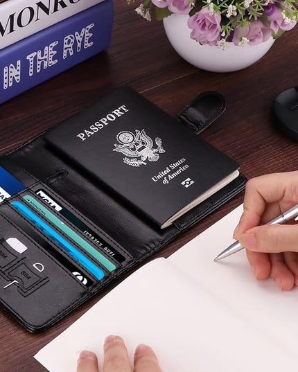 WALNEW Passport Holder for Travel, RFID Passport Cover Wallet for Women Men, PU Leather Passport Book Card Holder Case with Pen (Buckle Closure, Buckle-Black)