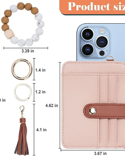 Keychain Wallet with Bracelet RFID Blocking Wristlet Credit Purse Card Holder, Silicone Bead Tassel Key Ring for Women