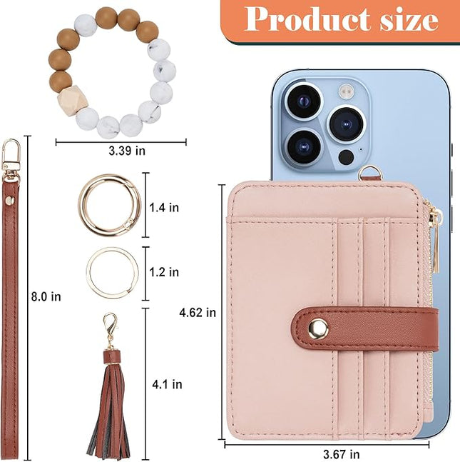 Keychain Wallet with Bracelet RFID Blocking Wristlet Credit Purse Card Holder, Silicone Bead Tassel Key Ring for Women