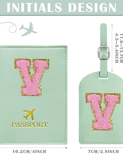 COSHAYSOO Initial Passport Cover Luggage Tag Set Letter Passport Holder Airplane Cruise Travel Essentials Vacation Traveling Accessories Personalized Gifts for Women Teen College Girls Teal V