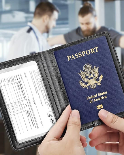 Eoehro Passport and Vaccine Card Holder Combo, Faux Leather, Compact, Lightweight, Waterproof, AA-Black