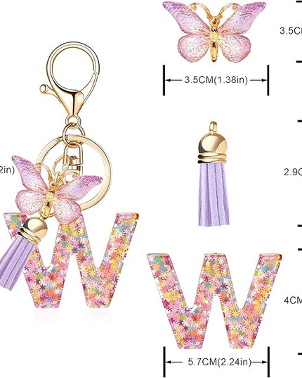 Fashion Alphabet Initial Letter Keychain Tassel Butterfly Pendant Key Ring for Purse Handbags Women Girl