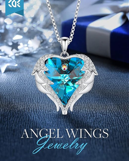 CDE Christmas Gifts for Women Angel Wings Necklace for Women with Birthstone, Love Heart Silver Tone/Gold Tone Pendant, Ideal Anniversary or Birthday Jewelry Gifts for Wife Girlfriend Her