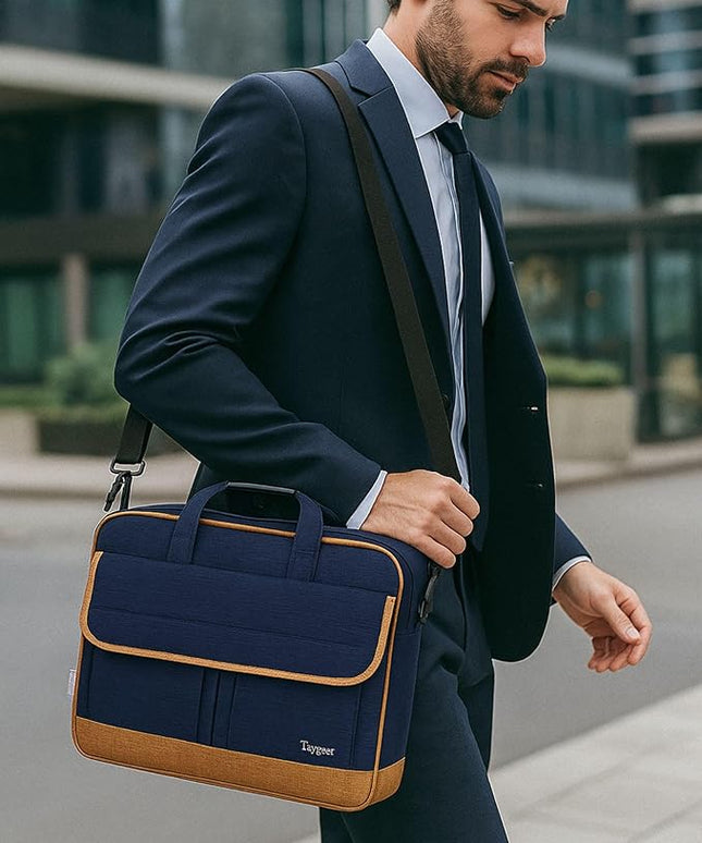 Taygeer Briefcases for Men, Water Resistant Laptop Bag 15.6 Inch for Business, Travel Office Crossbody Carry On Laptop Carrying Case, Messenger Shoulder Bag Fit 15.6 Inch Notebook/Computer, Blue Brown