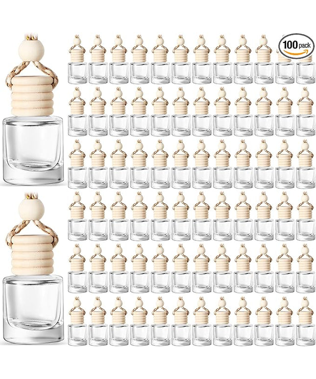 BBTO 100 Pcs Car Air Fresheners Diffuser with Wooden Empty Aromatherapy Diffuser Clear Fragrance Holder Pendant Hanging Perfume Fresheners Bottles for Car Decor(Clear Classic)