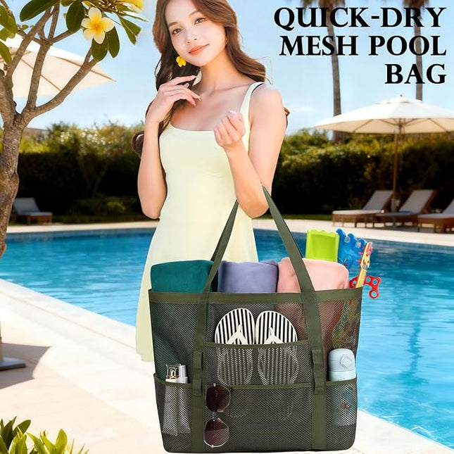 Mesh Beach Bag, Large Beach Tote with Zipper Pocket, Toys Pool Bag for Family Travel Vacation Cruise Essentials