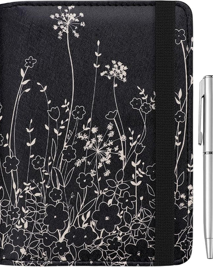 WALNEW Passport Holder for Travel, RFID Passport Cover Wallet for Women Men, PU Leather Passport Book Card Holder Case with Pen (Elastic Band Closure, D-Black Flowers)