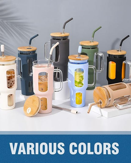 Glass Tumbler with Lid and Straw, 46 oz Iced Coffee Cup with Handle, Large Water Bottles with Silicone Sleeve, Glass Cup with Straws - Pearl Straw & Drinking Straw BPA Free-Blue