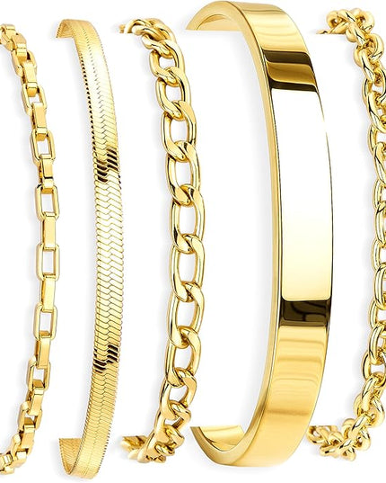 Gold Bracelets Set for Women Stack, Dainty Thick Bracelets Stack for Women Trendy, Simple Thin Gold Plated Cuff Stackable Bracelets With Beaded Cuban Paperclip Snake Rope Bangle Hand Chain Jewelry Gifts for Women Non Tainish