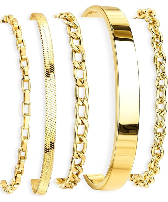 Gold Bracelets Set for Women Stack, Dainty Thick Bracelets Stack for Women Trendy, Simple Thin Gold Plated Cuff Stackable Bracelets With Beaded Cuban Paperclip Snake Rope Bangle Hand Chain Jewelry Gifts for Women Non Tainish