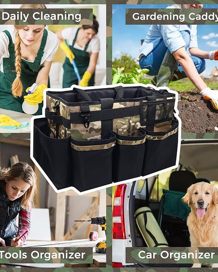 Wearable Cleaning Caddy Organizer with Handle & Shoulder Straps for Housekeepers, Under Sink & Car Cleaning Tool Organizer Bag with 4 Foldable Dividers (Camouflage)