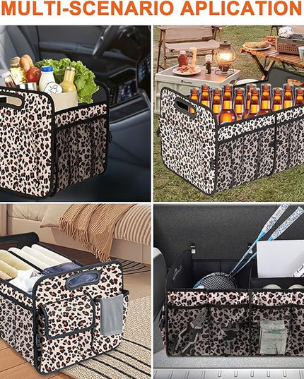 Trunk Organizer, Collapsible Trunk Organizers and Storage, Car Accessories for Women and Men, Multi-Compartment Trunk Storage Organizer for SUV, Car, Mini-Van, Leopard Print