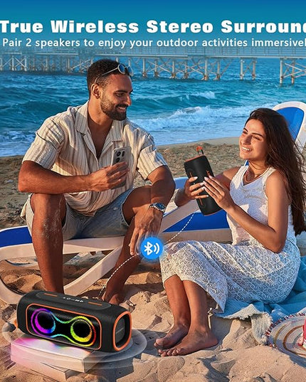 MusiBaby Portable Bluetooth Speakers with Lights, 80W Loud Outdoor Wireless Speaker with Stereo Sound, IPX5 Waterproof, 24H Playtime, BT 5.3, FM, for Home/Travel/Praty Valentines Gifts (Black)