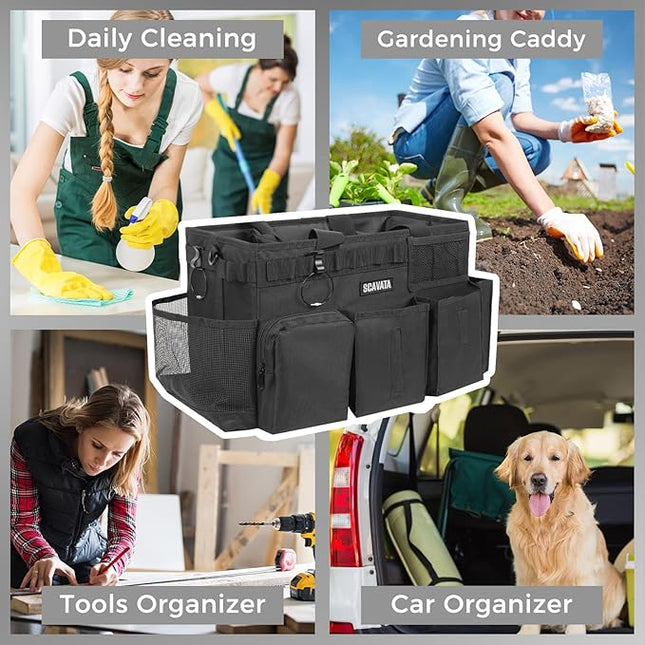 Wearable Cleaning Caddy Bag, Supplies Organizer with Handle & Shoulder Straps for Housekeepers, Under Sink & Car Cleaning Tool Organizer with 4 Foldable Dividers (Black)