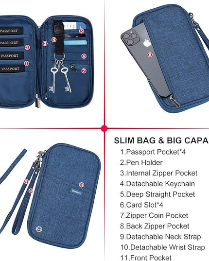 RFID Family Passport Wallet Holder Waterproof, Travel Document Organizer Credit Card Clutch Bag for Men Women
