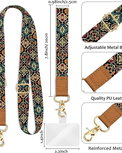 Phone Lanyard Crossbody Strap, Boho Mandala Cell Phone Lanyards for Around The Neck Wristlet Shoulder, Adjustable Flower Wrist Strap for Car Keys Keychain Wallet ID Badge