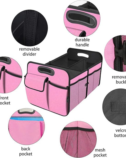 Trunk Organizer, Collapsible Trunk Organizers and Storage, Car Accessories for Women and Men, Multi-Compartment Trunk Storage Organizer for SUV, Car, Mini-Van, Pink