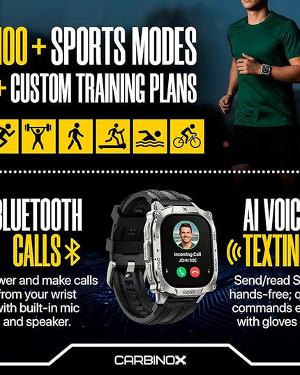 CARBINOX Smart Watch Edge Rugged, 1.96″ AMOLED, Stainless Steel, IP69K/5ATM Fitness trackers, Dual-Band GNSS, 500mAh, Bluetooth Calls, Smart Watch for Android Phones iOS (Silver)