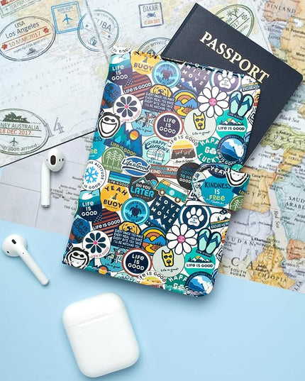 Life is Good Travel Passport Cover - Anti-Theft Passport Holder Wallet with Interior Card Slots, Magnetic Snap Closure, Newsprint