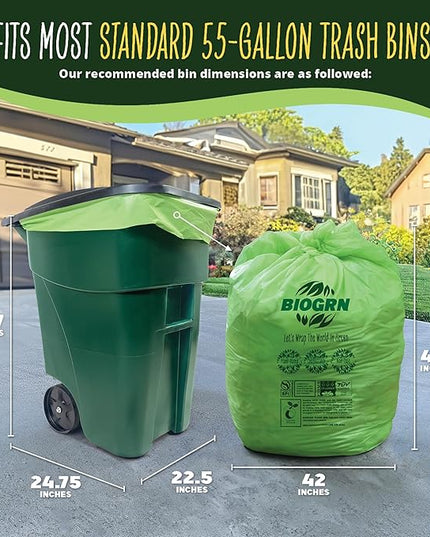 50-55 Gallon Compostable Trash Bags Flat-Top 12 Bags Heavy Duty 1.57 Mil 208.2 Liter Large Lawn and Yard Waste Bag Compost for Outdoor Garden ASTM D6400, US BPI and OK Compost Home Certified
