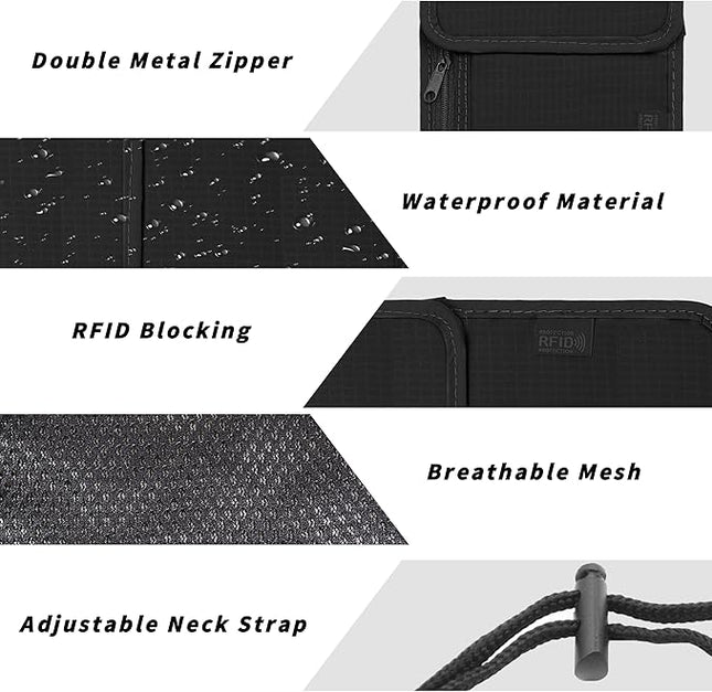Travel Neck Wallet with RFID Blocking – Passport Holder Organizer Neck Pouch – Portable Easy to Conceal Travel Pouch (Black)