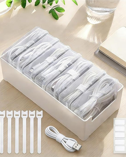 Cable Organizer Storage Box with 7 Wire Ties and Label Stickers,Desktop Cable Management Box with Switch, Power Cord Organizer for Office,Home,Desk Accessories Storage Stationery Supplies（Clear）