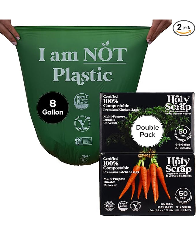 Medium Compostable Trash Bags - 6-8 Gallon, 100 Pack | Odorless, Plastic-Free & Decomposing Kitchen, Bathroom & Countertop Garbage Bag & Liners | Thick Bin Bags for Green & Food Waste