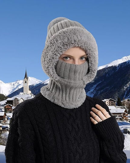 HUAMULAN Women Winter Beanie Hats One Piece Fleece Lined Knit Balaclavas Mask Set Skull Neck Circle Scarf Ski Snow Hat Pompom