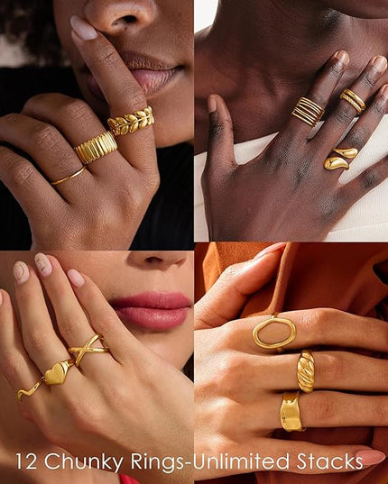 YOOSTEEL Valentines Day Gifts for Her Womens Chunky Gold Rings - 12 PCS Hypoallergenic 14K Gold Plated Thick Stackable Open Rings for Women Non Tarnish Dainty Gold Adjustable Ring Stack Set Trendy Jewelry