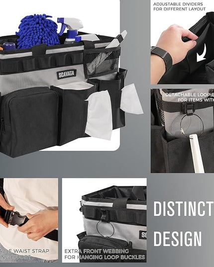 Wearable Cleaning Caddy Bag, Cleaning Caddy Supplies Organizer with Handle & Shoulder Straps for Housekeepers, Under Sink & Car Cleaning Tool Organizers with 4 Foldable Divider (Grey)