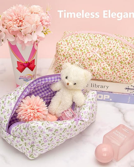 PAZIMIIK Cozy Makeup Bag Travel Cosmetic Bag for Women Soft Toiletry Bag Aesthetic Makeup Organizer Portable Large Zipper Pouch for Skincare Beauty Accessories Brushes Floral Purple