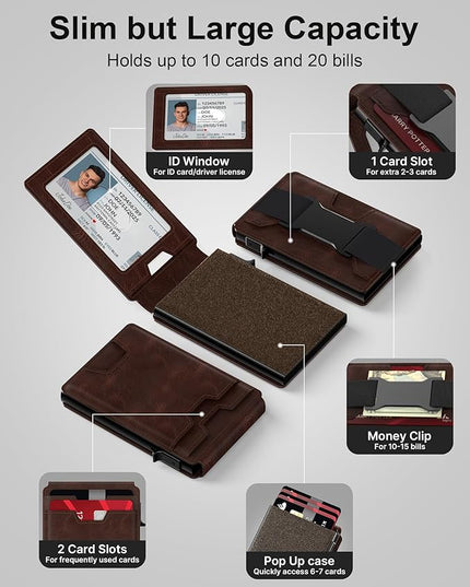 typecase Smart Wallet Card Holder for Men: Pop Up Card Case, Premium Genuine Leather, RFID Blocking, Slim, Minimalist, Thin, Front Pocket - 13 Card Capacitiy, ID Window, Cash Strap (Brown)