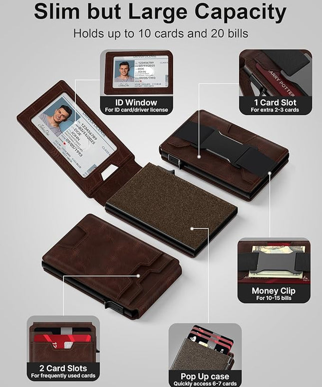 typecase Smart Wallet Card Holder for Men: Pop Up Card Case, Premium Genuine Leather, RFID Blocking, Slim, Minimalist, Thin, Front Pocket - 13 Card Capacitiy, ID Window, Cash Strap (Brown)